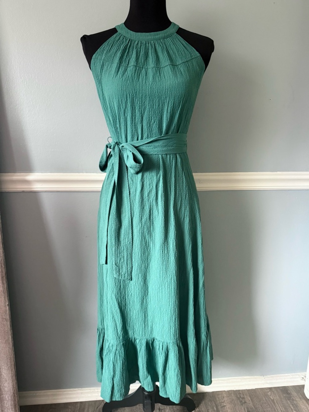 Calvin Klein Teal Halter Maxi Dress with Waist Tie